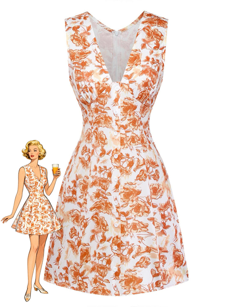 Robe Floral Col V Orange Années 1960