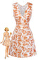 Robe orange fleurs et col V années 60