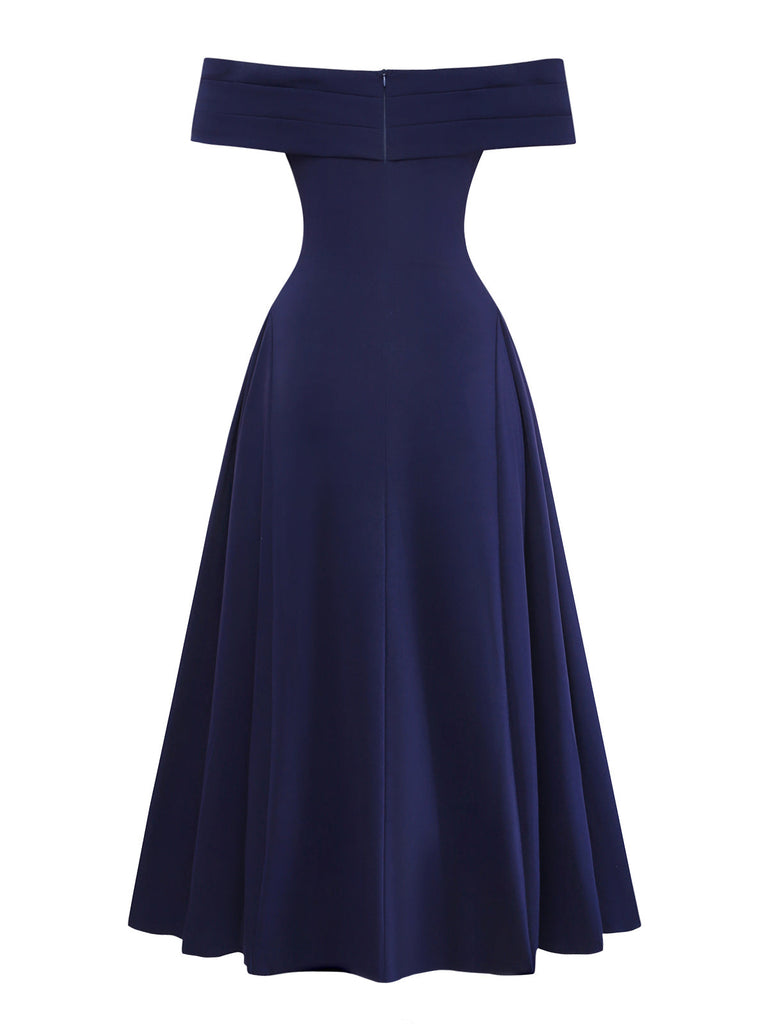 Robe Épaules Dénudées Évasé Encolure Repliée Bleu Profond Années 1950 3