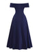 Robe Épaules Dénudées Évasé Encolure Repliée Bleu Profond Années 1950 3