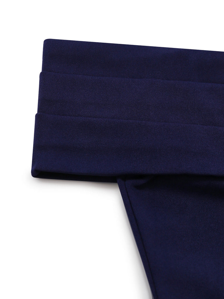 Robe Épaules Dénudées Évasé Encolure Repliée Bleu Profond Années 1950 4