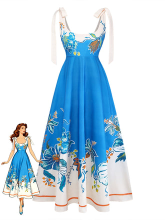 Robe Col Carré Floral Épaule Nœud Bleu Années 1970