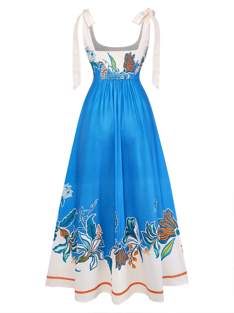 Robe Col Carré Floral Épaule Nœud Bleu Années 1970 3