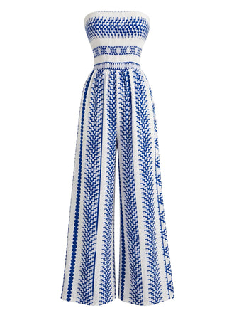 Combinaison Bustier Smockée à Jambes Larges Imprimé Géométrique Bleue Années 70