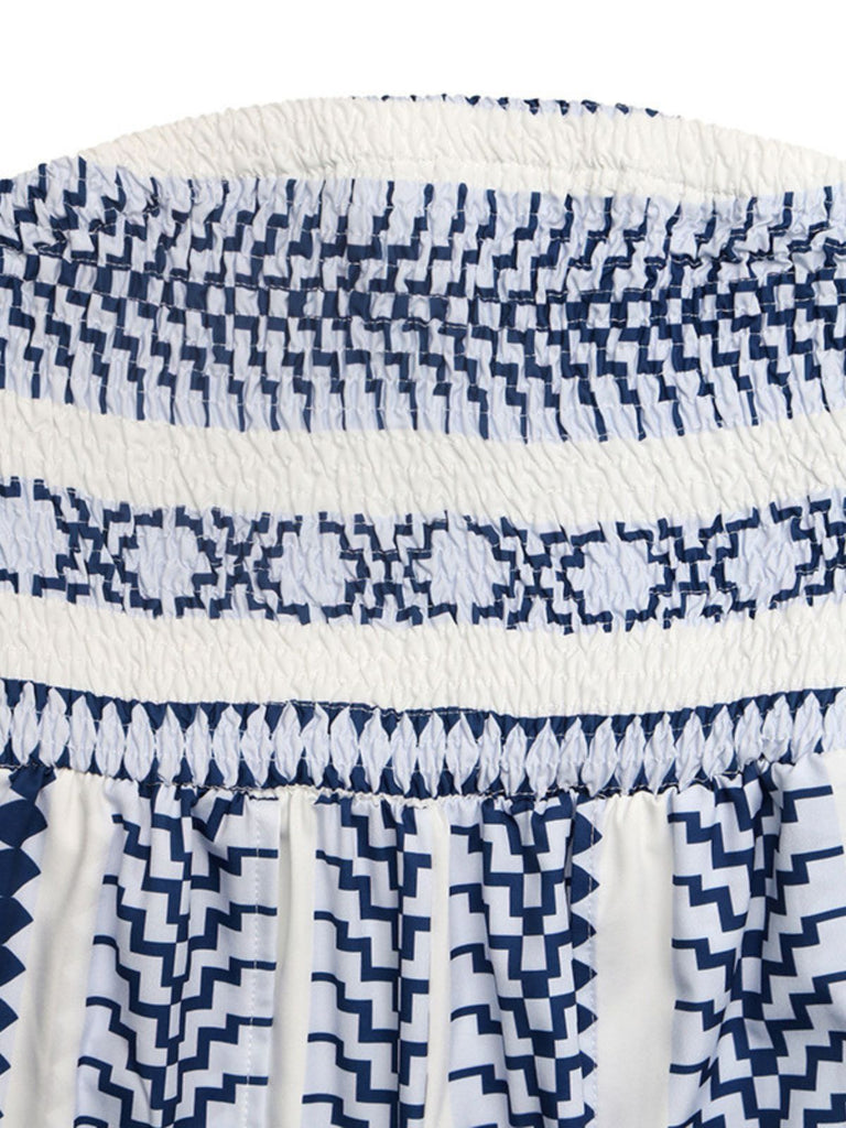 Combinaison Bustier Smockée à Jambes Larges Imprimé Géométrique Bleue Années 70