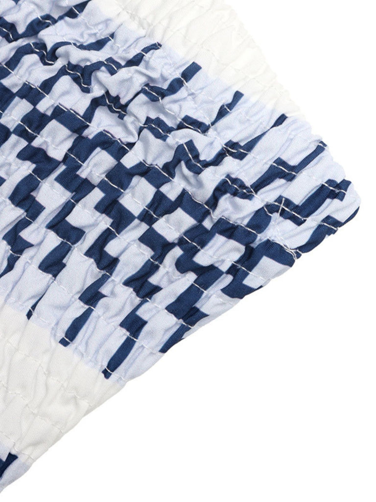 Combinaison Bustier Smockée à Jambes Larges Imprimé Géométrique Bleue Années 70
