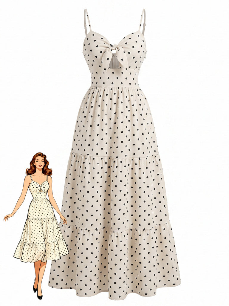 Robe Beige à Pois Hollow Nœud Slip Années 1940