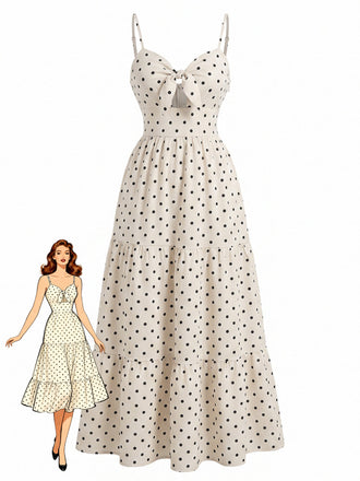 Robe Beige à Pois Hollow Nœud Slip Années 1940