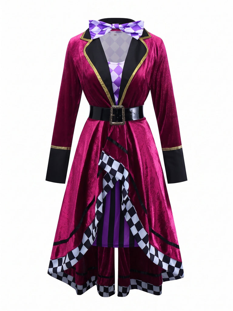Set Costume Chapelier Fou Halloween à Manches Longues avec Ceinture Années 1960