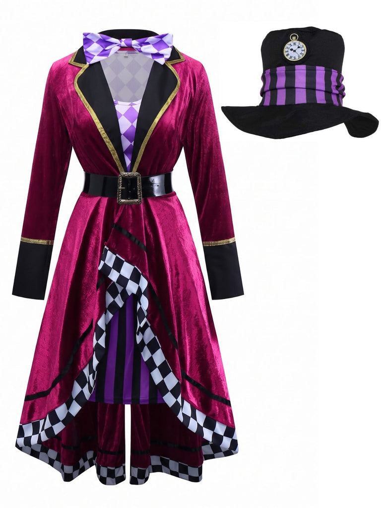 Set Costume Chapelier Fou Halloween à Manches Longues avec Ceinture Années 1960