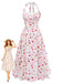 Robe Floral Halter Évasé Mi-Longue Nœud Blanc & Rose Années 1950