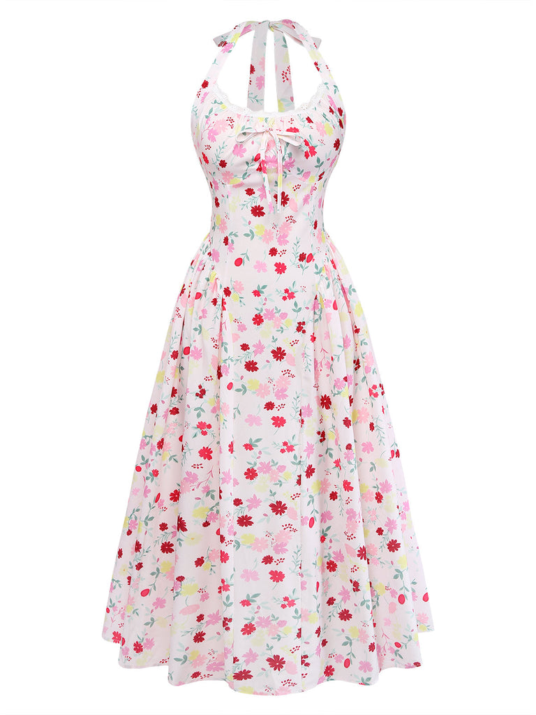 Robe Floral Halter Évasé Mi-Longue Nœud Blanc & Rose Années 1950 3
