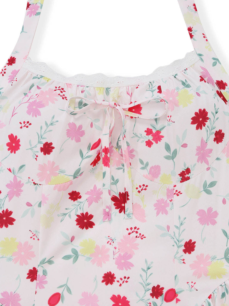 Robe Floral Halter Évasé Mi-Longue Nœud Blanc & Rose Années 1950 4