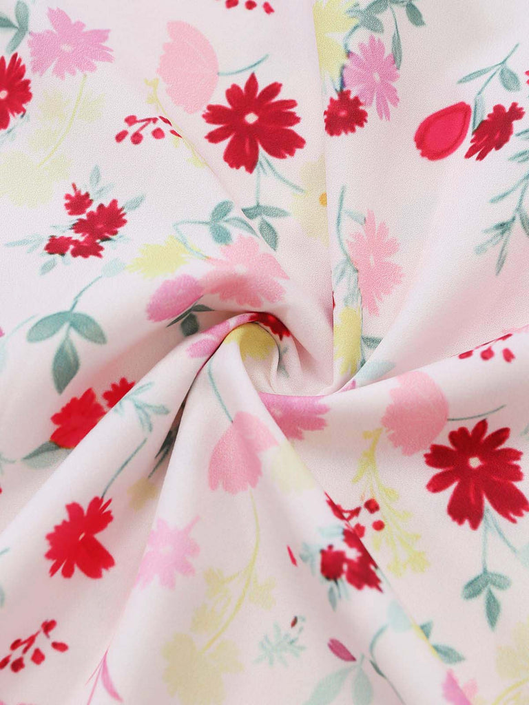 Robe Floral Halter Évasé Mi-Longue Nœud Blanc & Rose Années 1950 6