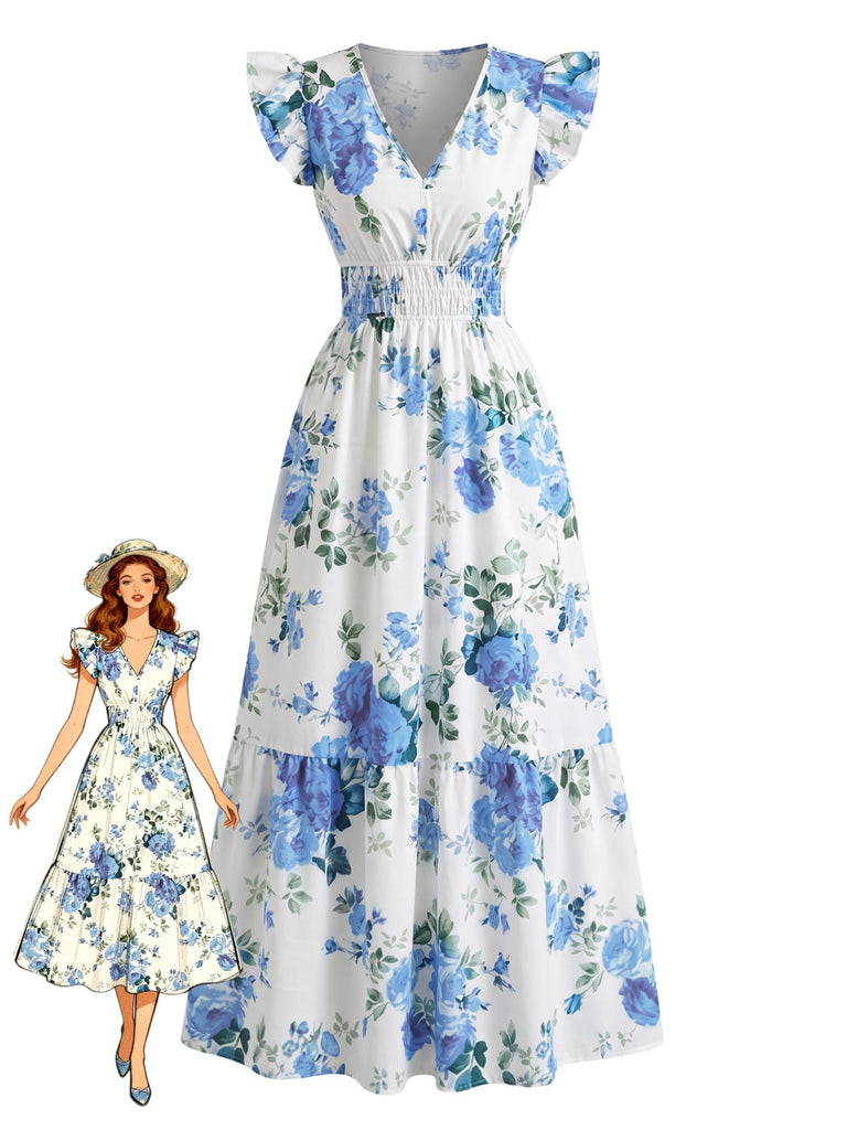 Robe Bleu Rose Col V Volant Manches Cape Années 1940