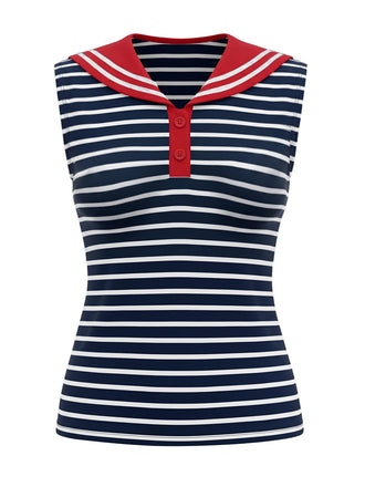 [Prévente] Tops Rouge & Bleu & Blanc Rayé Col Marin Sans Manches Années 1950 2