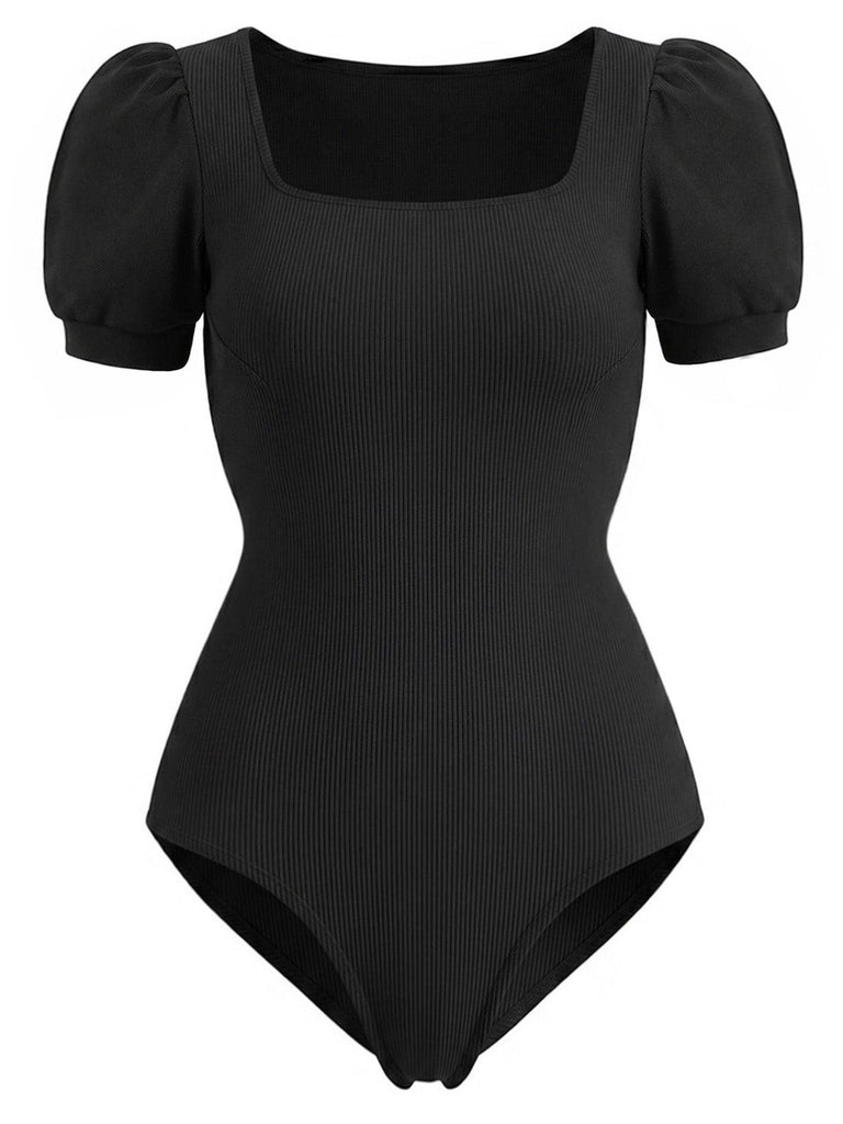 [Prévente] Tops Noir Col Carré Manches Bouffantes Ribbed Bodysuit Années 1950 2