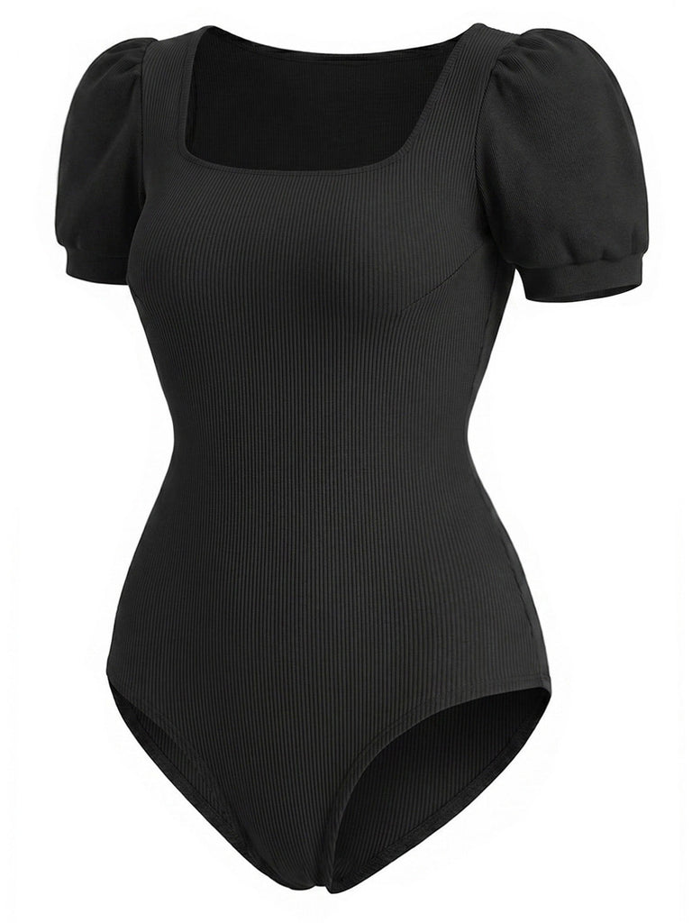 [Prévente] Tops Noir Col Carré Manches Bouffantes Ribbed Bodysuit Années 1950 3