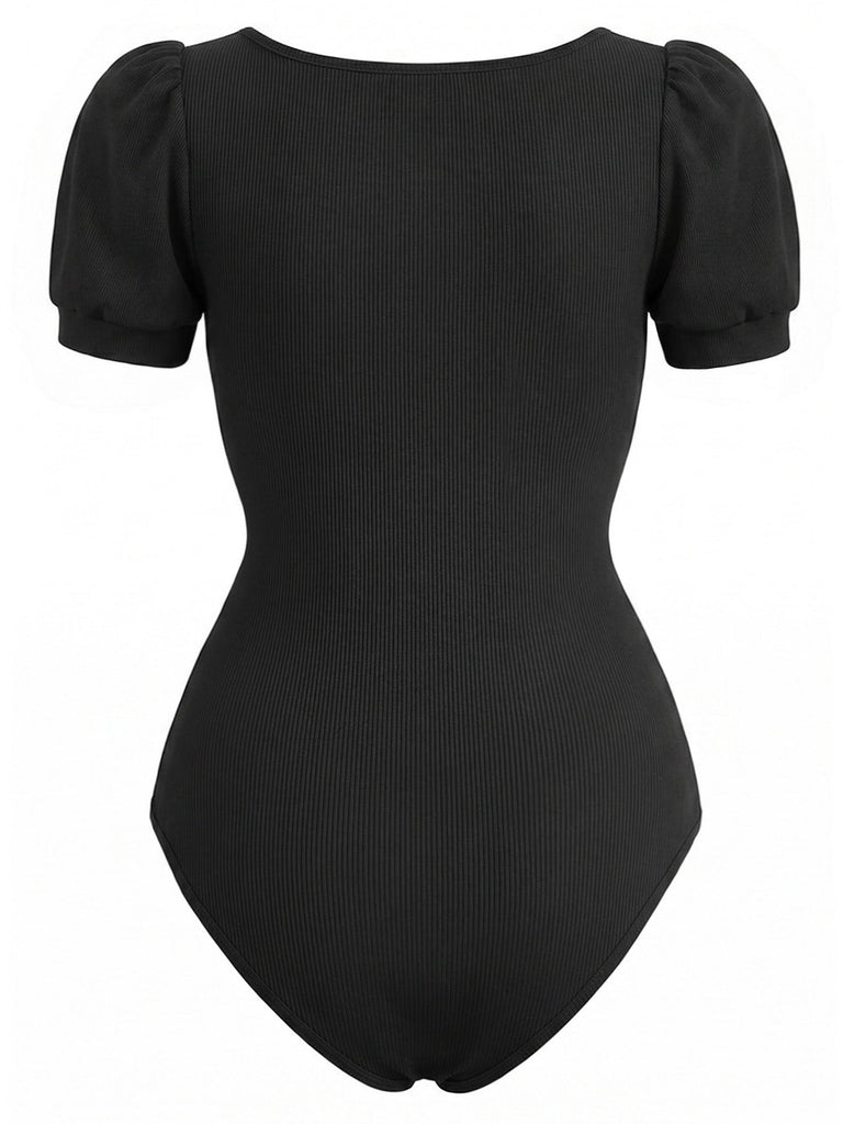 [Prévente] Tops Noir Col Carré Manches Bouffantes Ribbed Bodysuit Années 1950 4