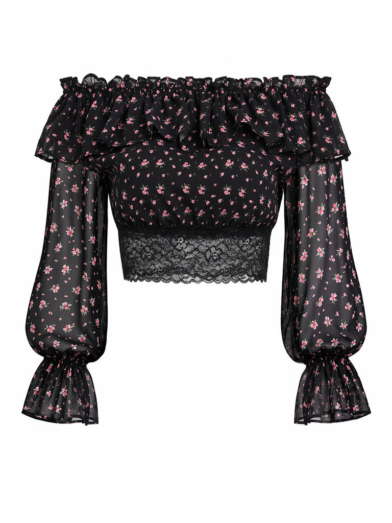 [Prévente] Épaules Dénudées Floral Dentelle Petites Fleurs Mini Noir Années 1950