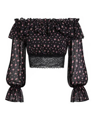 [Prévente] Épaules Dénudées Floral Dentelle Petites Fleurs Mini Noir Années 1950