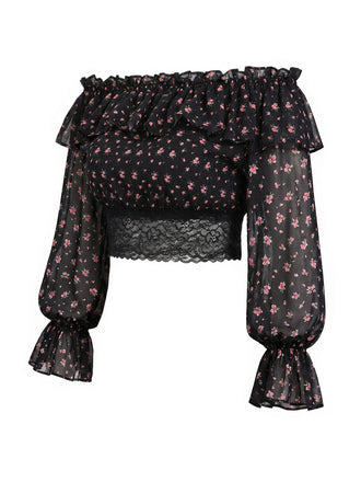[Prévente] Épaules Dénudées Floral Dentelle Petites Fleurs Mini Noir Années 1950 2