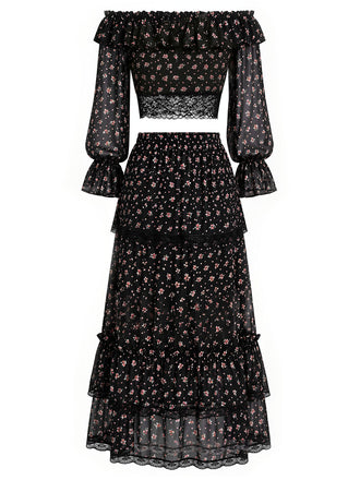 [Prévente] 3PCS Floral Dentelle Longue Petites Fleurs Mini Noir Années 1950 2