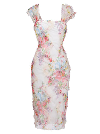 Robe Multicolore Floral Tulle Plissé Ajusté Années 1960 2