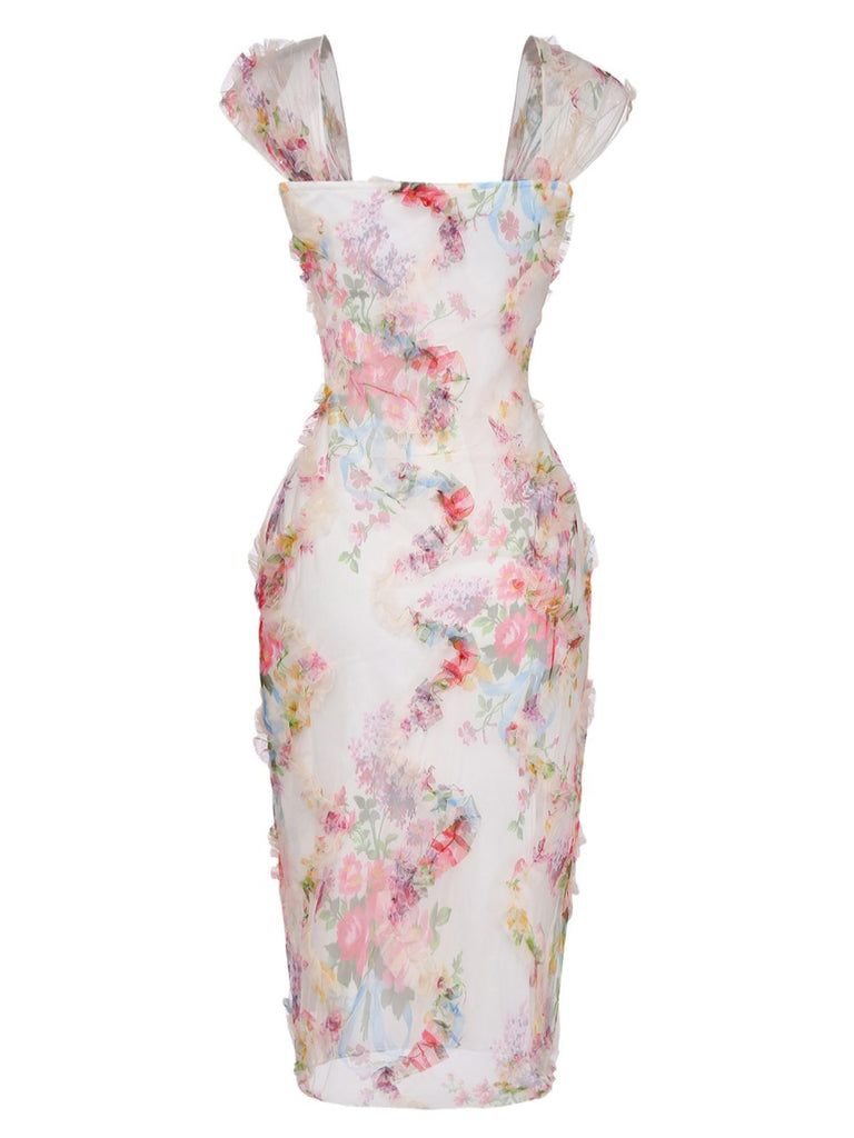 Robe Multicolore Floral Tulle Plissé Ajusté Années 1960 3