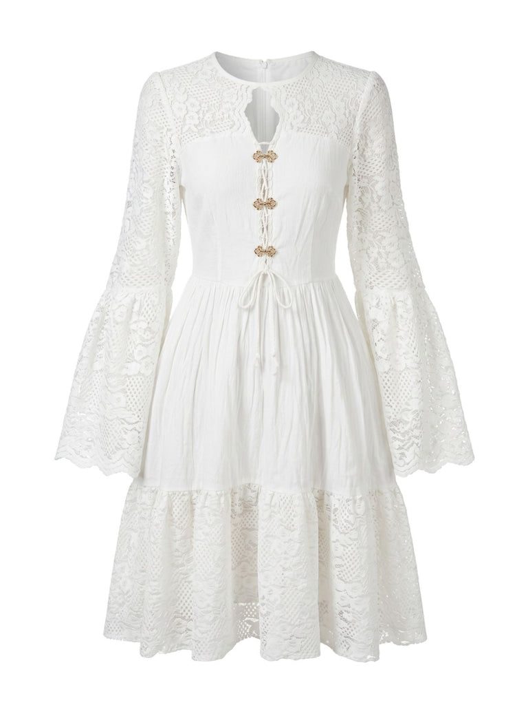 Robe Blanc Bohème Coton Dentelle Manches Cloche Années 1970 2
