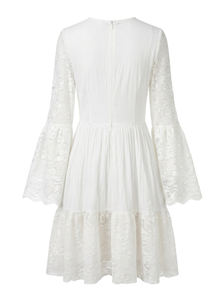 Robe Blanc Bohème Coton Dentelle Manches Cloche Années 1970 3
