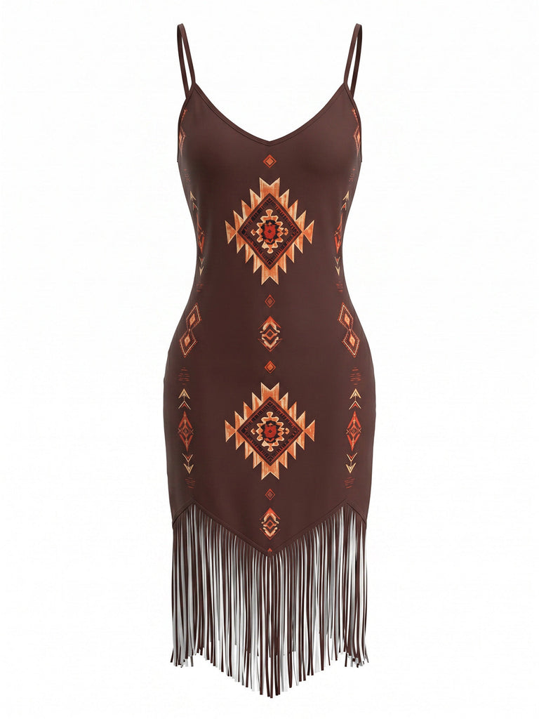 Robe Col V Bohème Ourlet Frangé Marron Années 70