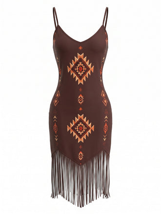 Robe Col V Bohème Ourlet Frangé Marron Années 70