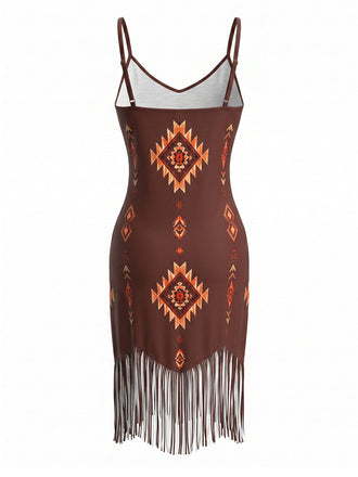 Robe Col V Bohème Ourlet Frangé Marron Années 70