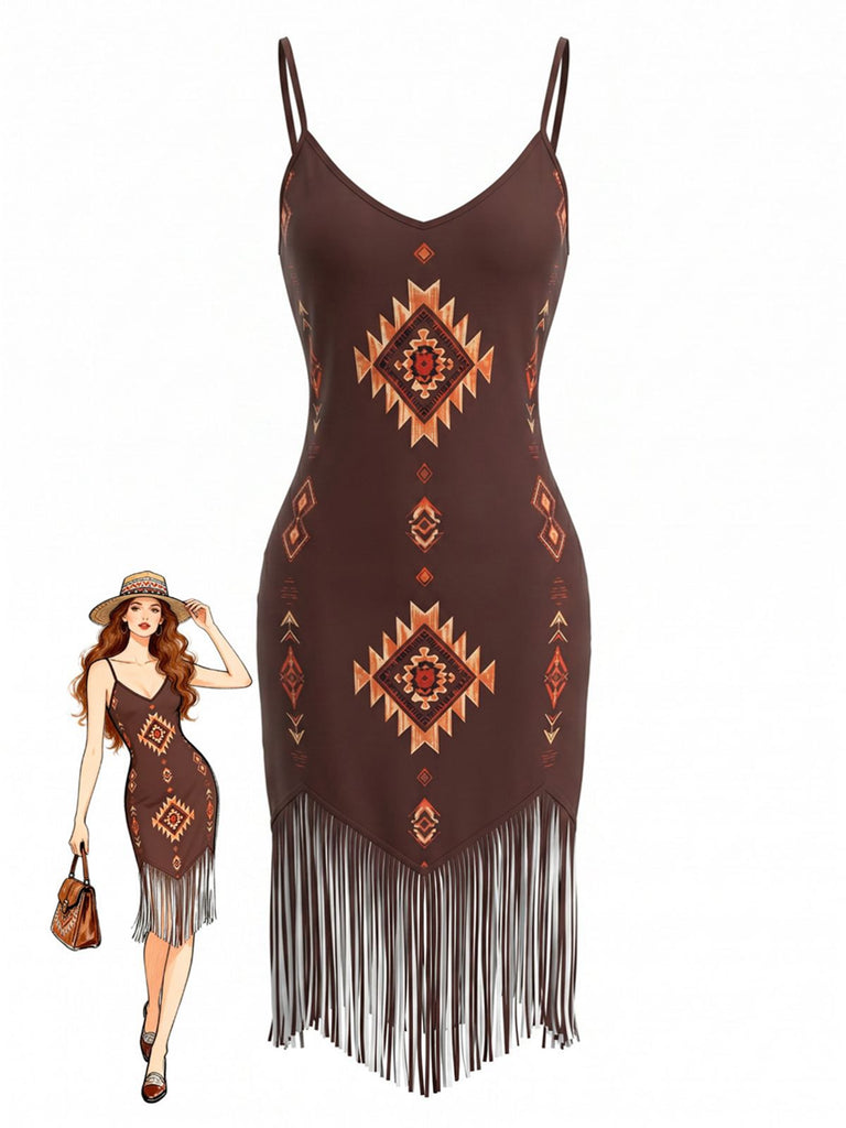 Robe Col V Bohème Ourlet Frangé Marron Années 70
