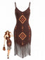 Robe Col V Bohème Ourlet Frangé Marron Années 70