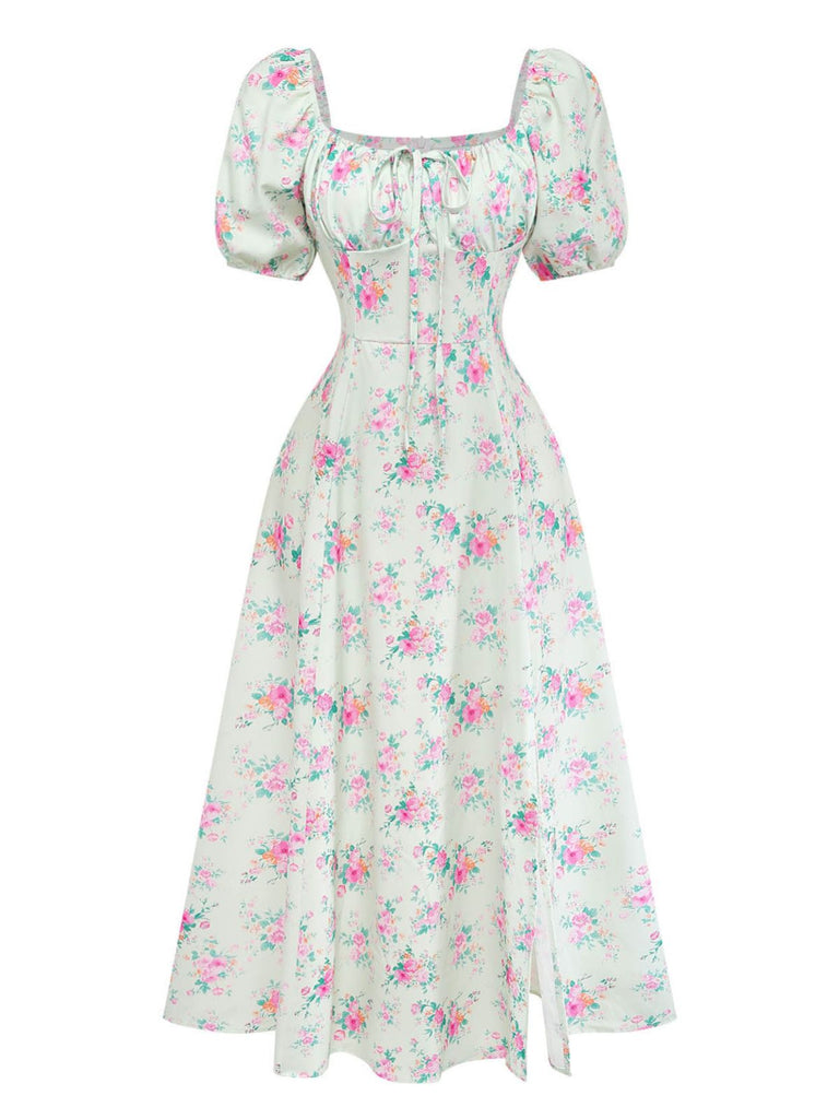 Robe Vert Petites Fleurs Manches Bouffantes Côté Fendu Années 1950 2