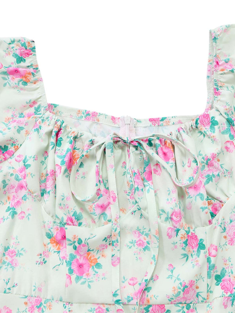 Robe Vert Petites Fleurs Manches Bouffantes Côté Fendu Années 1950 4