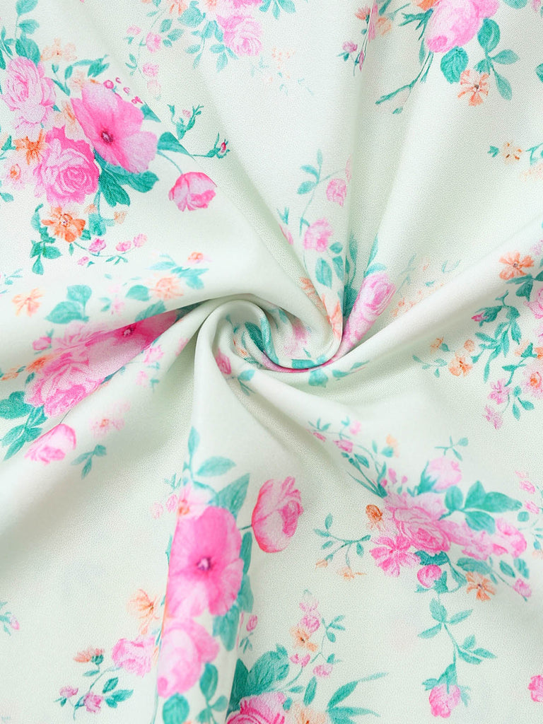 Robe Vert Petites Fleurs Manches Bouffantes Côté Fendu Années 1950 6