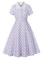 Robe Lilas à Pois Blancs Col Chemise Dentelle Années 1950