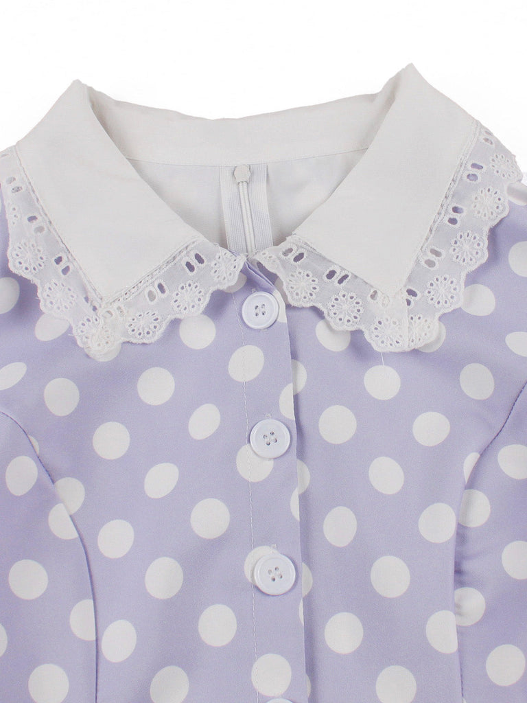 Robe à Pois Dentelle-Trimmed Col Évasé Années 1950 3