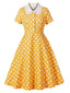 Robe Jaune à Pois Blancs Col Chemise Dentelle Années 1950