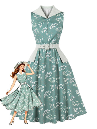Robe Gris Vert Floral Col V Ceinturé Années 1950