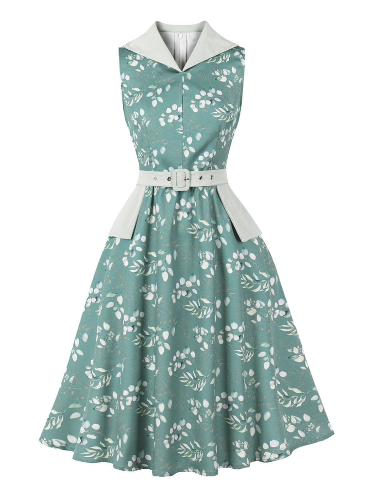 Robe Gris Vert Floral Col V Ceinturé Années 1950 2