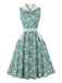 Robe Gris Vert Floral Col V Ceinturé Années 1950 2