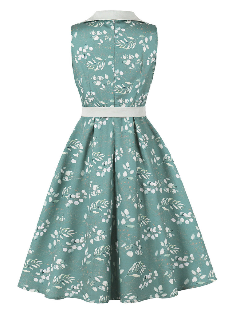Robe Gris Vert Floral Col V Ceinturé Années 1950 3