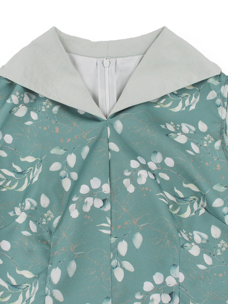 Robe Gris Vert Floral Col V Ceinturé Années 1950 4