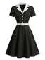 Robe Noire Col Revers Blanc Contrasté Années 1950