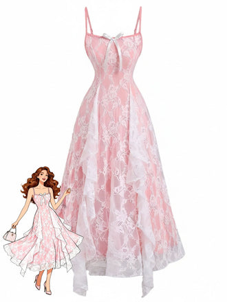 Robe Bretelles Spaghetti Floral Volant Dentelle Nœud Bordure Années 1950