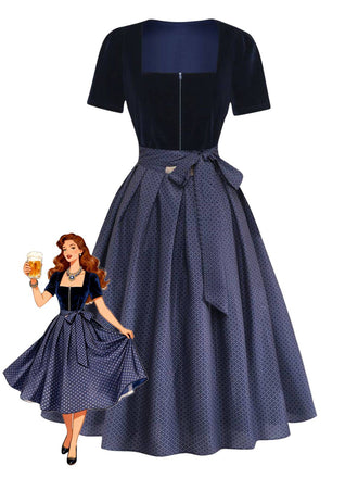 Robe Bleu Col Carré Velours & à Pois Apron Années 1950